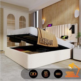 Łóżko ze schowkiem 140 x 200 cm z zagłówkiem - gniazda USB i lampka do czytania - tkanina bawełniana - wzór nitów - beżowe (bez materaca)