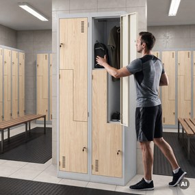 Szafa socjalna ubraniowa typu L, czterokomorowa, szara/dąb sonoma, 800x1850x450 mm: JULIA Eco Design