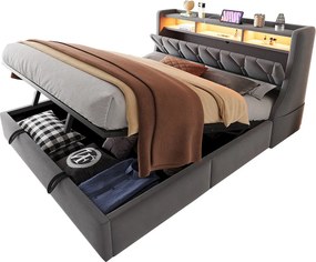 Łóżko z pojemnikiem pikowane 180 x 200 cm - Składane wezgłowie - z gniazdkiem elektrycznym - z oświetleniem LED - Welur - szary​ (materac nie jest wliczony w cenę)