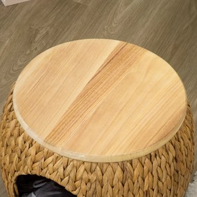 Jaskinia dla kota Pawhut z trawy wodnej hiacyntowej, zmywalna poduszka, 44 x 43 x 42 cm, Jasnobrązowy+Naturalne drewno+Szary