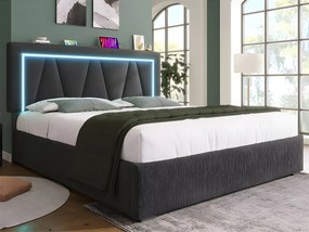Łóżko z tapicerowanym zagłówkiem 160x200cm z LED i portem ładowania USB oraz Type-C - Tkanina lniana - stelaż na listwach - Szary