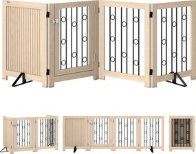 PawHut Wolnostojąca bramka dla zwierząt, bramka dla psa z drzwiami, 4 panele, do korytarza, schodów, ościeżnicy drzwiowej, MDF, stal | Aosom PL