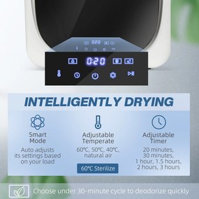 HOMCOM Suszarka z dezynfekcją UV, kompaktowa budowa, pojemność 4 kg, stal nierdzewna, Biały