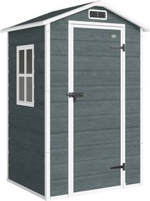 Outsunny Domek ogrodowy 1,1 m² z wyglądem drewna, okno, dwuspadowy dach, wentylacja, podłoga, zamek, rękawice, szary | Aosom PL