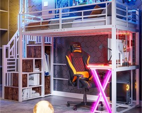 Łóżko piętrowe 90x200cm z oświetleniem LED - biurko + szafa + drabinka - białe