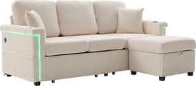 Beżowa sofa 4-osobowa - Sofa narożna z oświetleniem LED i podnóżkiem ze schowkiem - uchwyt na kubek i boczne kieszenie - sztruks