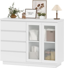 HOMCOM Szafka bufetowa, komoda z 4 szufladami, 2 przeszklone drzwi, nowoczesny design, MDF, biały