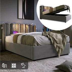 Łóżko ze schowkiem 90x200 cm - Szary aksamit - Łóżko dziecięce z lampką do czytania i portem ładowania - bez materaca