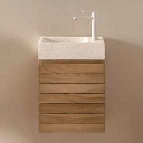 Zestaw Wiszących Mebli Łazienkowych 40x20 Cm Z Drewna Tekowego Z Umywalką Zintegrowaną Z Cementu Napier Drewno Tekowe & Bezlusterkowiec & Biała ↑20 Cm