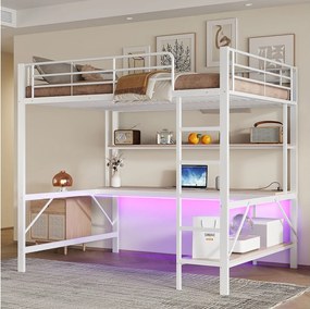 Łóżko piętrowe z barierką i drabinką - 140 x 200 cm - z USB i zasilaczem - oświetlenie LED i biurko - materac nie jest wliczony w cenę - metalowe - białe