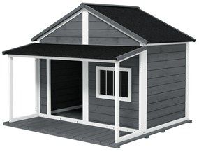 PawHut Domek dla psa na zewnątrz, z werandą, odporny na warunki pogodowe, 124 cm x 112 cm x 105 cm, Szary + Biały