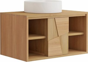 Wisząca szafka łazienkowa z drewna tekowego z okrągłą umywalką nablatową ceramiczną - szer. 80 cm - SUMBAWA