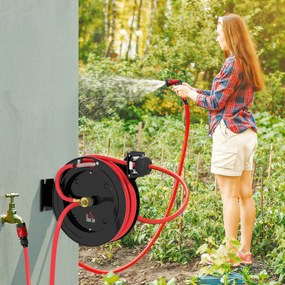 HOMCOM Bęben na wąż ogrodowy montowany na ścianie, automatyczne zwijanie, 20 bar ciśnienia wody, 15+1 m wąż wodny, metalowy