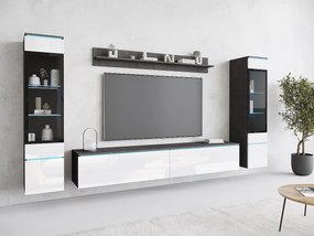 Zestaw mebli do salonu z LED 4 elementy – szafka RTV 180 cm, 2 witryny i półka, stojąca lub wisząca, korpus antracyt, fronty biały połysk