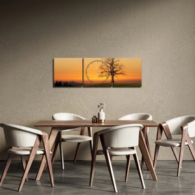 Obraz zachodu słońca na łące (z zegarem) (90x30 cm)