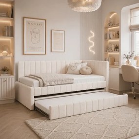 Łóżko Tapicerowane 90x200 cm VILLEMO Podwójne ze Stelażem Rozkładane Młodzieżowe Kremowe Boucle