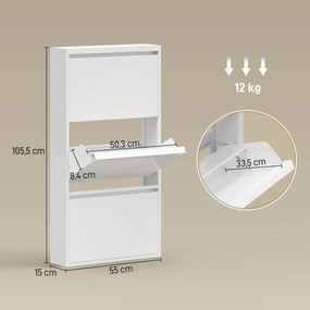 HOMCOM Metalowa szafka na buty z 3 uchylnymi półkami, wąska szafka na buty montowana na ścianie, na 6 par butów, biała | Aosom PL