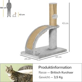 PawHut Drapak dla Kotów z Pokryciem z Juty, Wisząca Kuleczka z Dzwonkiem, Mata do Drapania, 34Dł x 24Szer x 43Wys cm, Szary