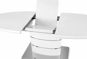 Rozkładany owalny stół Nimbus 140-180 cm w biały połysku z MDF lakierowanego ze srebrnymi detalami