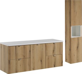 Zestaw łazienkowy Nova 064, dąb coast evoke/biały mat - szafka 140 cm z koszem na pranie i słupek