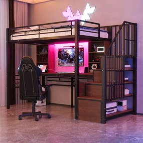 Łóżko piętrowe metalowe dla dzieci - 90 x 200 cm - z drabinką + półki + stolik + diody LED - czarne