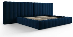 Ciemnoniebieskie tapicerowane łóżko dwuosobowe ze schowkiem i stelażem 200x200 cm Gina – Milo Casa