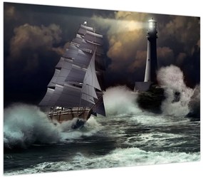 Obraz - Statek płynący przez wzburzone fale (70x50 cm)