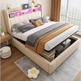 Łóżko ze schowkiem 140x200 cm - len beżowy - łóżko małżeńskie z oświetleniem LED i ładowaniem USB - bez materaca