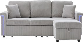 Jasnoszara sofa 4-osobowa - Sofa narożna z oświetleniem LED i podnóżkiem ze schowkiem - uchwyt na kubek i boczne kieszenie - sztruks
