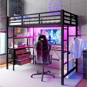 Łóżko piętrowe dla dzieci - 90 x 200 cm - z diodami LED + biurko + port USB + 3 szuflady - metal + płyta MDF - czarne