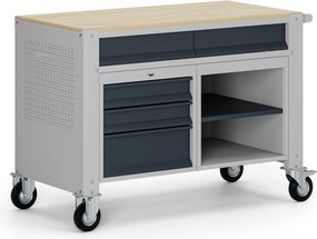Mobilny stół warsztatowy G9, 1 półka, 5 szuflad, 1180 x 595 x 865-1130 mm, szary/grafitowy