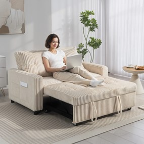 HOMCOM Sofa 2-osobowa z funkcją spania, sztruks, rozkładana, 2 poduszki, kieszenie boczne, 157 x 190 cm, Cremeweiß