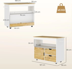 HOMCOM Wózek kuchenny, przenośna wyspa kuchenna, trolley kuchenny z przegrodami, szafką i blatem roboczym, Biały