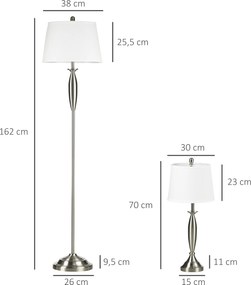 HOMCOM Zestaw 3 Lamp Srebrno Białe 1 Lampa Podłogowa 2 Lampy Stołowe Wykończenie Tkaninowe 38x38x158cm | Aosom PL