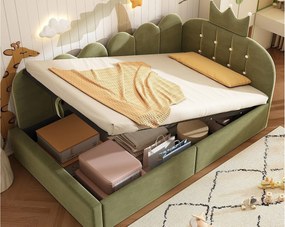 Sofa z funkcją spania 90x200 cm - z miejscem do przechowywania - welur - posiada dekorację w kształcie korony - Zielony​ (bez materaca)