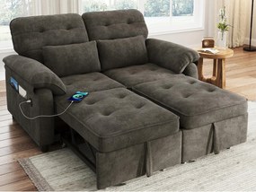 Kanapa 3 w 1 - 2 osoby - Kanapa składana - Regulowane oparcie - Port ładowania USB - Zawiera 2 poduszki - Szynszyla - szary