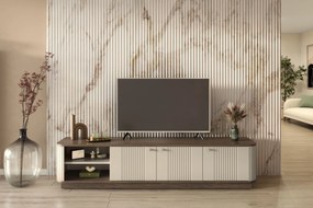 Szafka RTV Vesper 3D 187 cm na cokole - kaszmir / orzech / złote uchwyty