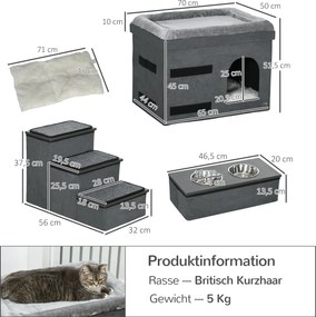 PawHut Dom dla kota z 3 schodami, 2 miskami, 70 x 50 x 51 cm, Szary