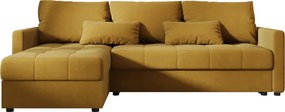 Rozkładana narożna sofa VENORIA 220x143 cm, musztardowa, uniwersalna + 2 poduszki GRATIS