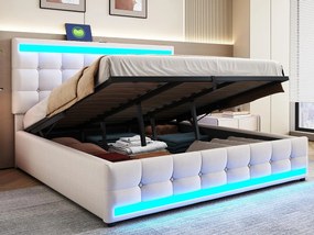 Tapicerowane łóżko ze schowkiem 180x200 cm - Z portem USB - Z taśmą LED - Len - Beżowy (bez materaca)