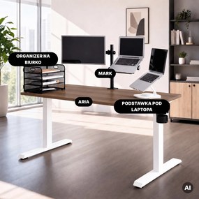 Biurko elektryczne z regulacją wysokości ergonomiczne białe/orzech,1400x700 mm: ARIA