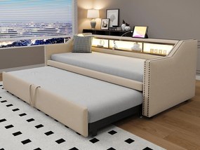 Łóżko z wysuwanym materacem 90/180x190cm z lnu - z LED i USB - z stelażem na listwach - Beżowe