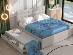 Łóżko wysuwane z 3 szufladami - 140 x 200 cm + 90 x 190 cm - tkanina lniana - regulowany zagłówek - kolor beżowy