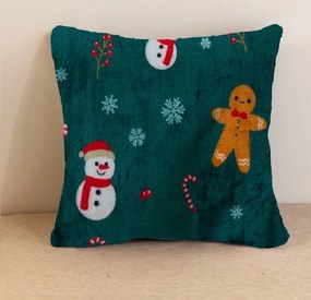Poszewka z mikropluszu na poduszkę SNOWMAN AND GINGERBREAD 45x45 cm, zielona