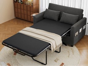 Kanapa 2-osobowa - z portem USB - ze składanym stolikiem pomocniczym - z 2 poduszkami - welur prążkowany - szary