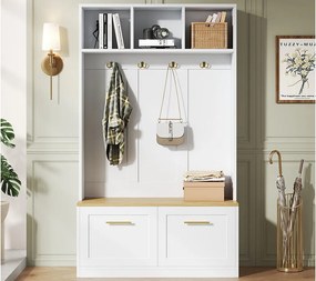 Nowoczesna szafa na ubrania 105x40x180cm - z 2 drzwiami - z szafą na buty i wieszakami - otwarte półki - Biały + Naturalny