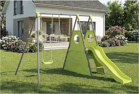 Zielona metalowa konstrukcja do zabawy "Kylian" z 4 elementami: zjeżdżalnia, huśtawka, trapez i tipi - 235x268x195 cm