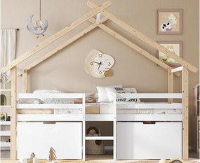 Łóżko mezzanine drewniane 90x200cm - z 2 szufladami do przechowywania - drewno lite + MDF - Białe + Naturalne