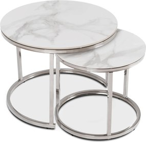 Zestaw Stolików Kawowych AMARA 45,5 cm/60 cm Biały Marmur/Srebrny Glamour
