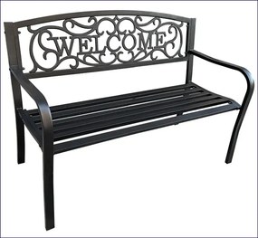 Czarna ławka ogrodowa z napisem na oparciu W3-R91